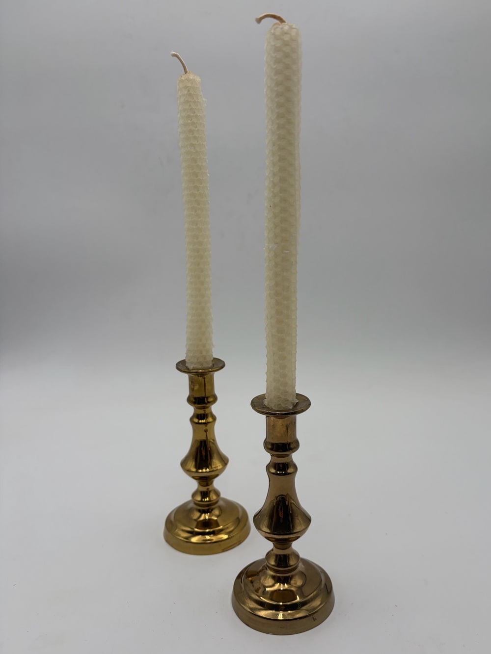 Vintage Brass Taper Candle Holders with Cream Beeswax Candles - Pair